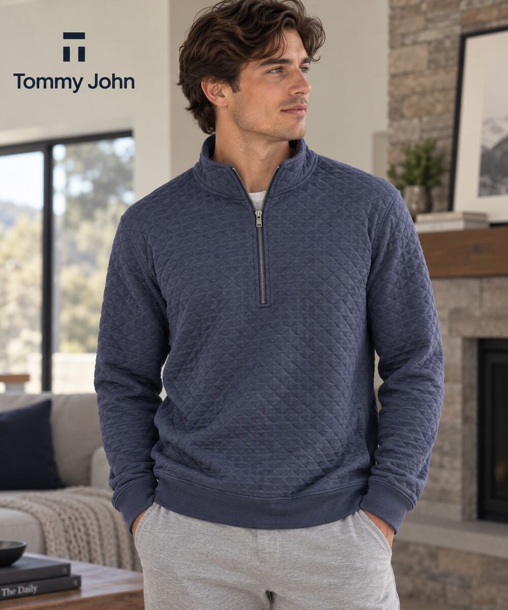 Tommy John Men's Quilted Quarter-Zip Pullover Sweater Blue Men's Medium